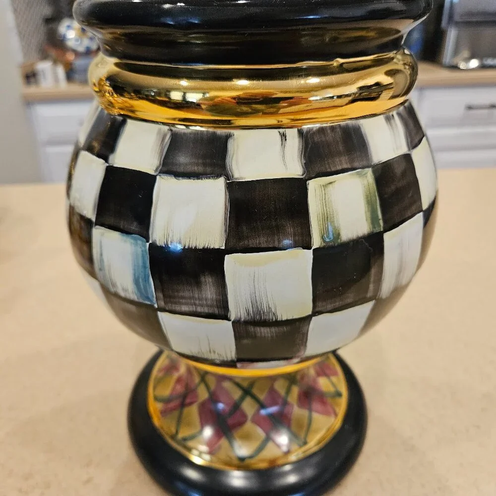 RARE MACKENZIE CHILDS ARGYLE PLAID AURORA CERAMIC GLOBE STORAGE CANISTER JAR